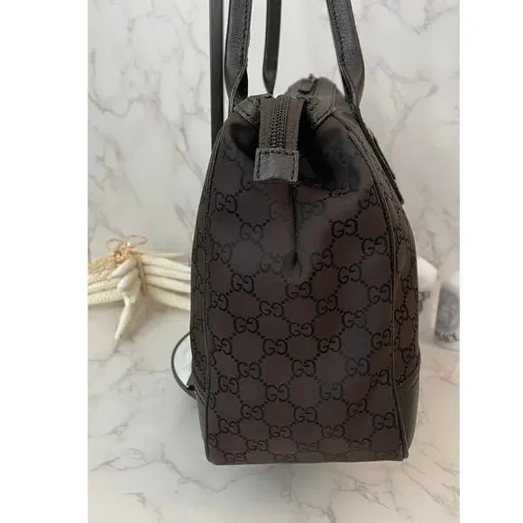 GUCCI Princy Sherry Line GG Canvas Brown Leather Trim Handbag, Dust Bag EUC - Picture 6 of 14